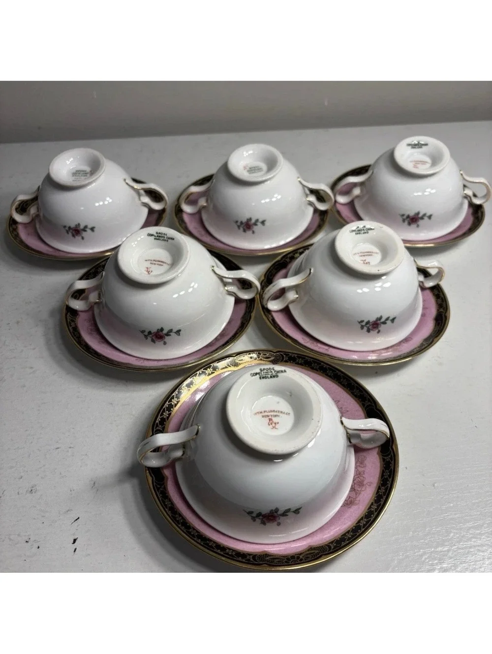 Copeland Spode Bone China Pink Gold Trim Cream Soup Bowl & Saucer set of 6
